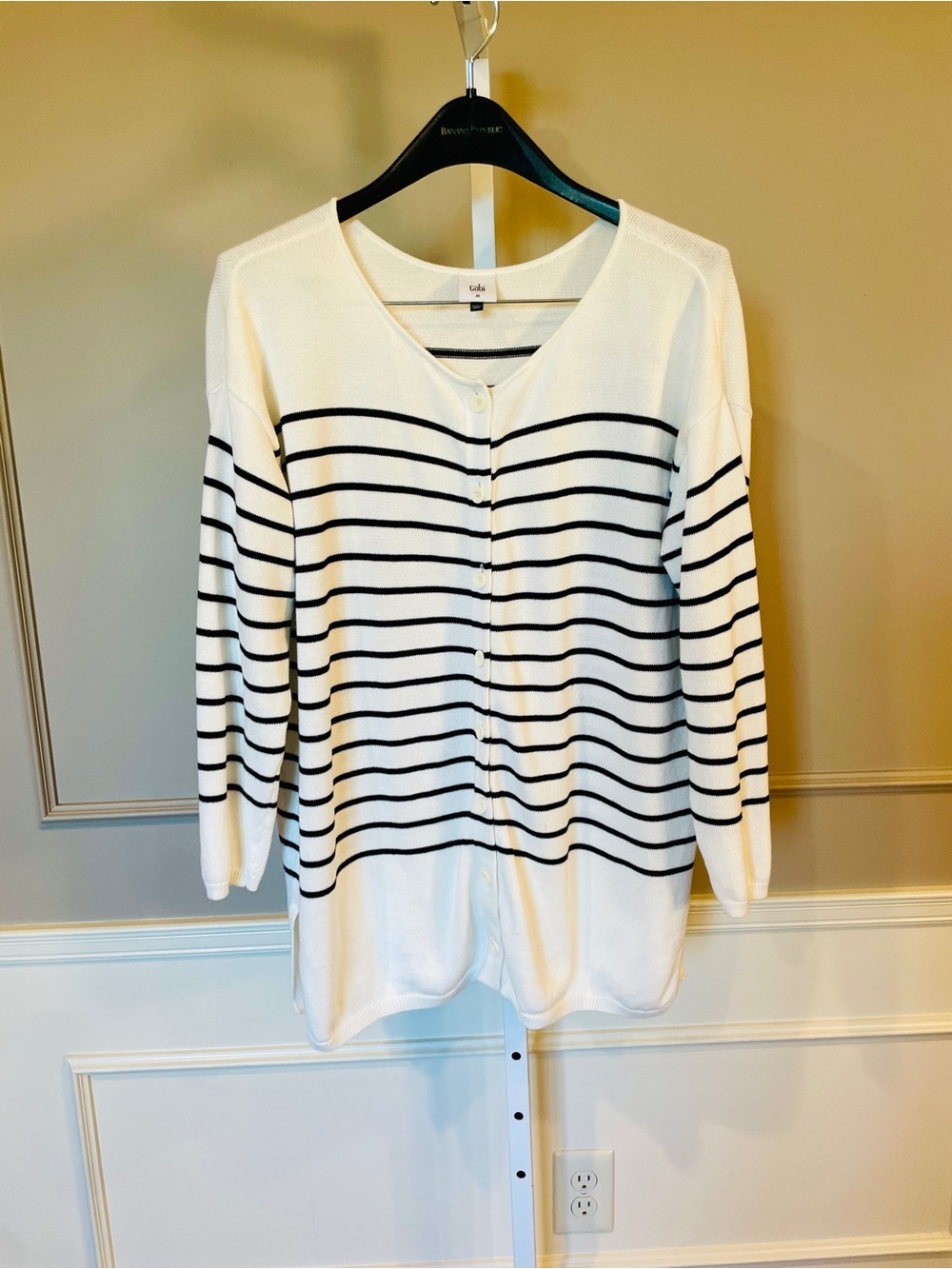 CAbi 6164 Turnabout Cardigan Medium White Black Stripe Long Length Preppy EUC